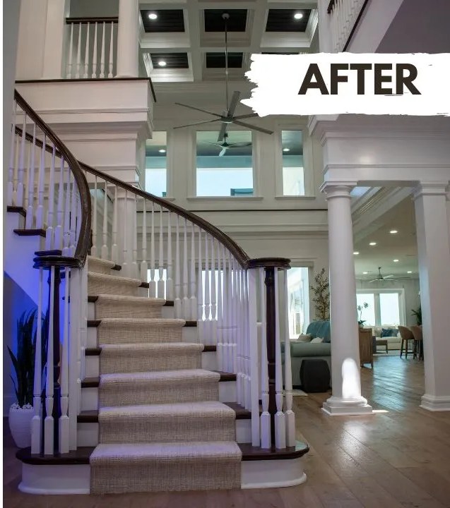 Foyer after whole house remodeling with coffered ceiling and new flooring